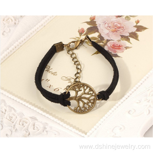 Wrapped Multilayer Genuine Leather Bracelet With Tree Charm